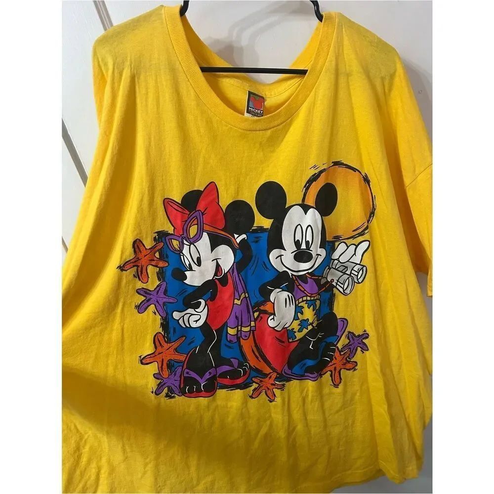 Vintage DisneyāYellow Mickey & Minnie Beach Graphic Tee